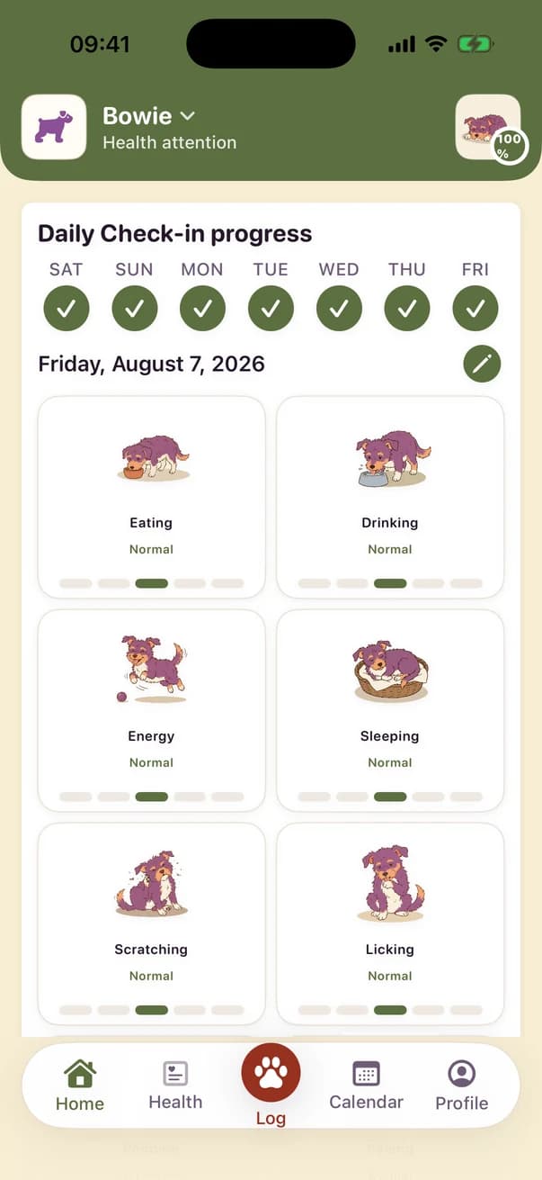 The Kwispel home screen showing a daily check-in for Bowie with eating, drinking, energy and sleep