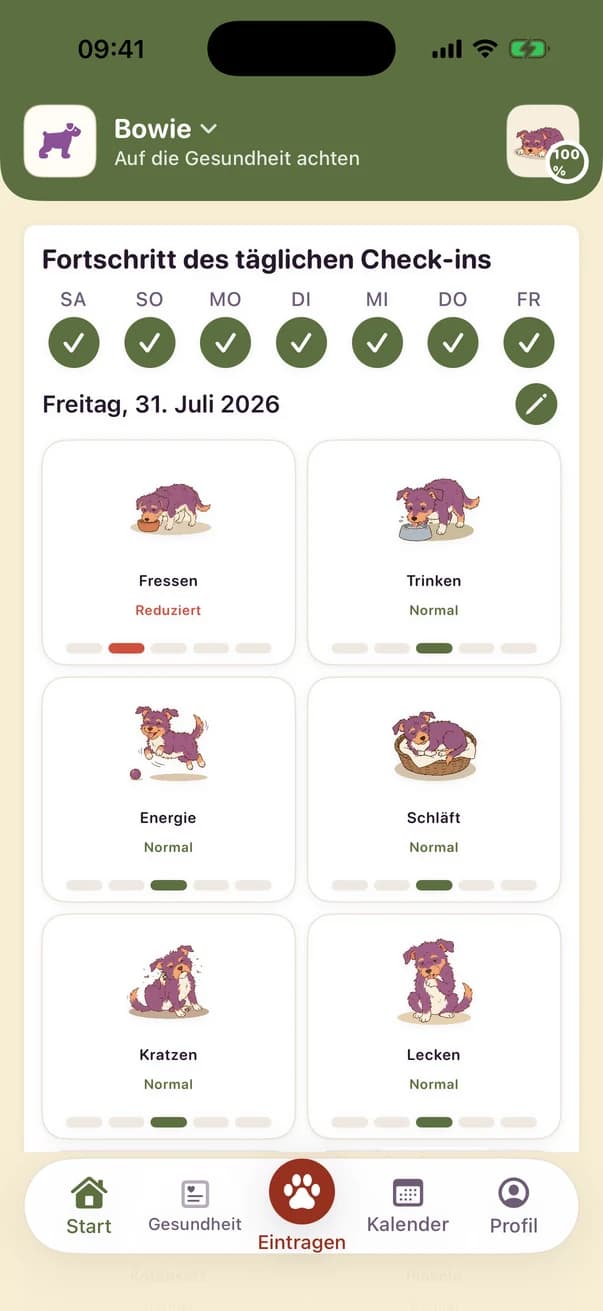 Der Kwispel-Startbildschirm zeigt einen täglichen Check-in für Bowie mit Fressen, Trinken, Energie und Schlaf